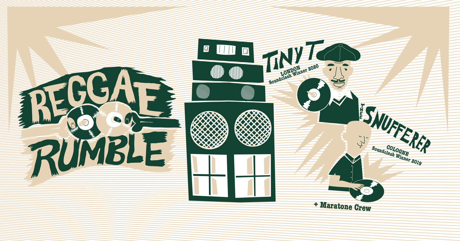 Soundsystem and illustreated portraits of Tiny T and Thee Snufferer holding Reggae records.